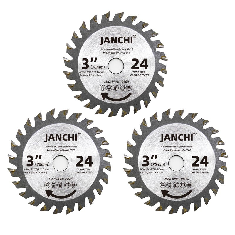 Jianchi 3Pack 3 Inch 24T Carbide Circular Saw Blade for Cuts Woods, Plastic, PCV, Acrylic, Aluminum, 7/16" Arbor Compatible with All Dremel Saw-MAX, Ultra-Saws, RotoZip Saws, Rigid 3" Multi-Material Saw - Image 1